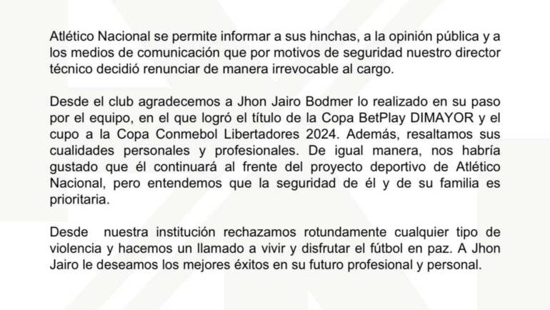 Jhon Bodmer renunció a Nacional